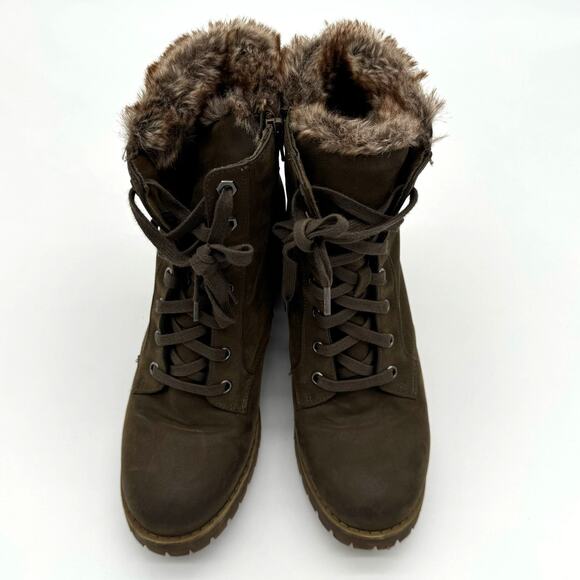 Steve Madden Comfort Combat Faux Fur Lace up Zip Chunky Heel Olive Boots 10 - Picture 4 of 5